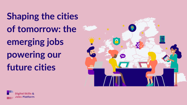 Smart Cities_Deep_Dive Banner with pink background and people in front of a digital map. 